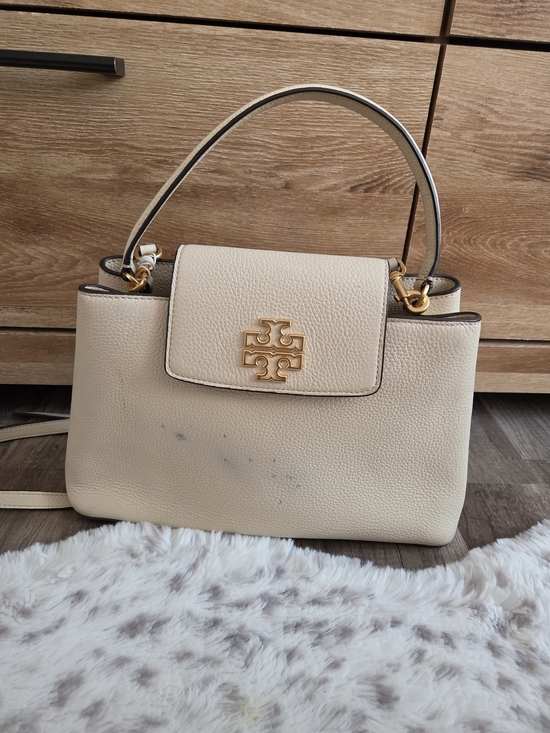 Tory Burch Handbags - Tory Burch Cream Pebbled Leather Top-Handle Satchel with Gold Logo